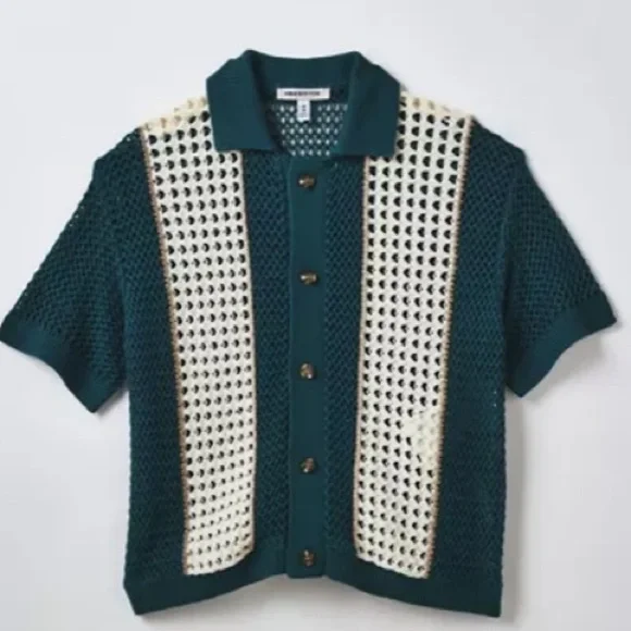 Urban Outfitters Unisex Teal & Cream Crochet Cardigan Size Medium Retro Style - Picture 2 of 14